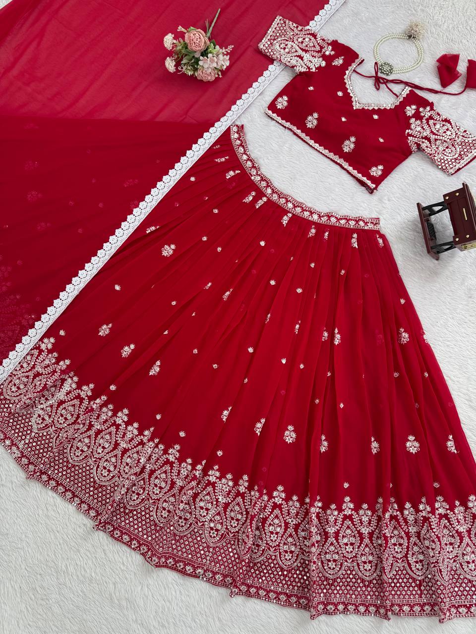 Reception Wear Red Color Georgette Lehenga Choli With Dupatta Set