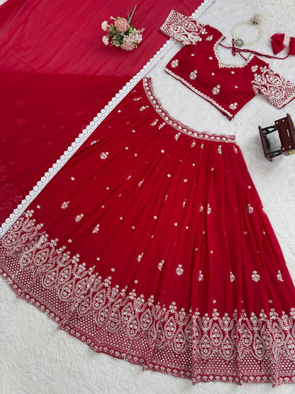 Reception Wear Red Color Georgette Lehenga Choli With Dupatta Set