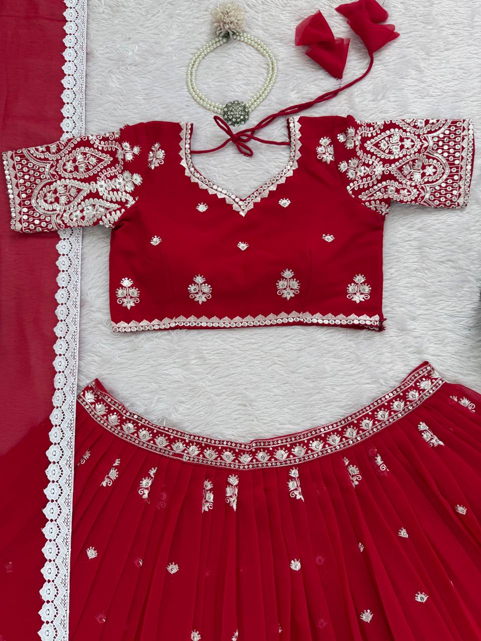 Reception Wear Red Color Georgette Lehenga Choli With Dupatta Set