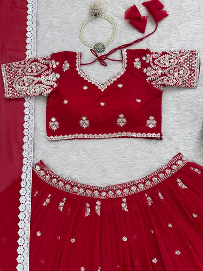 Reception Wear Red Color Georgette Lehenga Choli With Dupatta Set