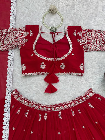 Reception Wear Red Color Georgette Lehenga Choli With Dupatta Set