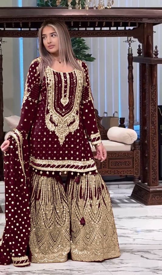 Wedding Wear Maroon Color Embroidered Designer Plazzo Suit