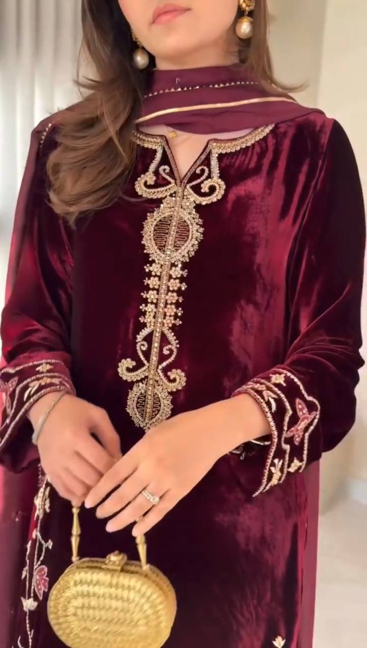 Wine Color Viscose Embroidered Velvet Salwar Suit Set