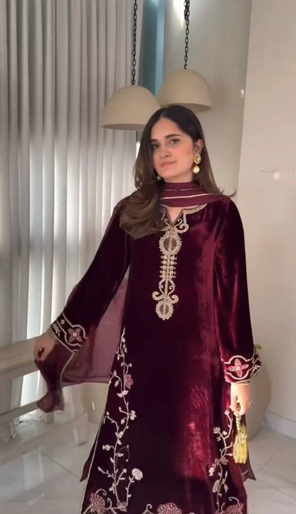Wine Color Viscose Embroidered Velvet Salwar Suit Set