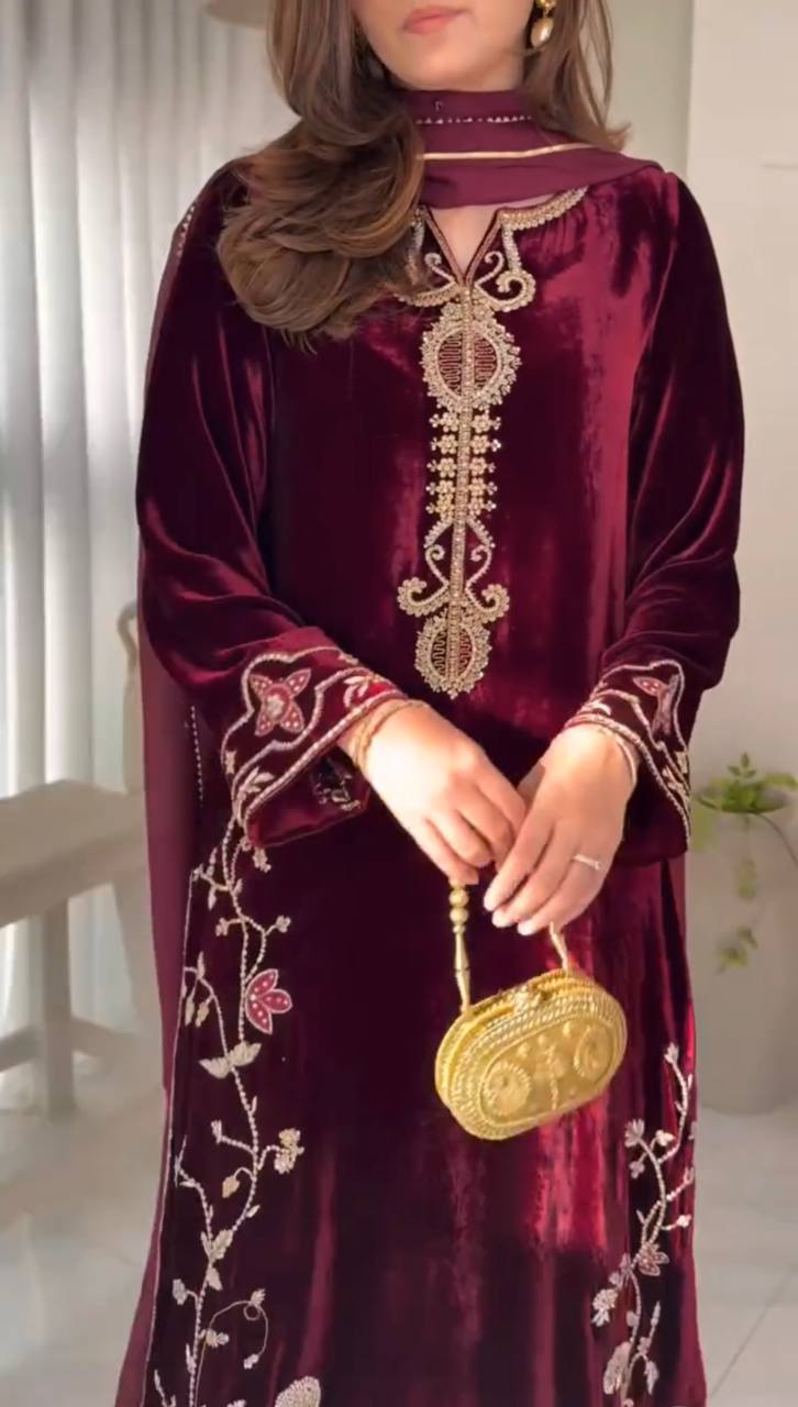 Wine Color Viscose Embroidered Velvet Salwar Suit Set