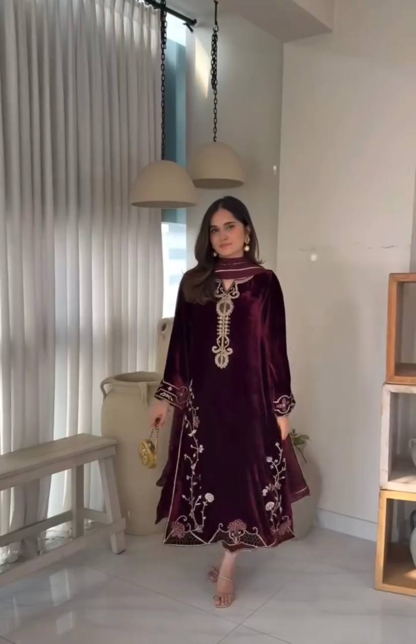 Wine Color Viscose Embroidered Velvet Salwar Suit Set