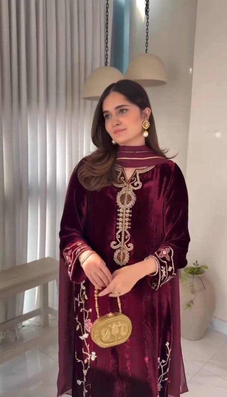 Wine Color Viscose Embroidered Velvet Salwar Suit Set