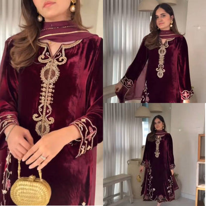 Wine Color Viscose Embroidered Velvet Salwar Suit Set