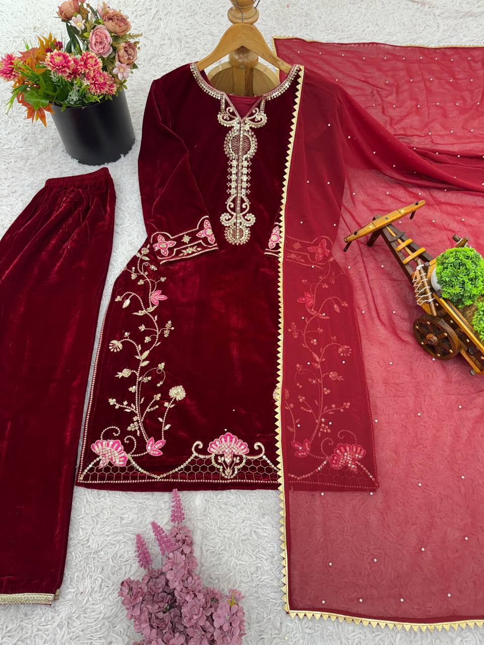 Wine Color Viscose Embroidered Velvet Salwar Suit Set