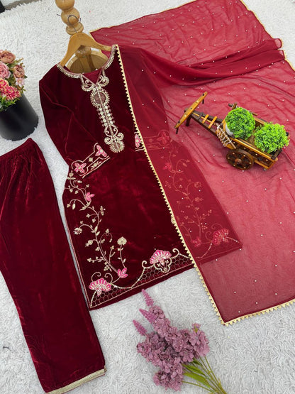 Wine Color Viscose Embroidered Velvet Salwar Suit Set