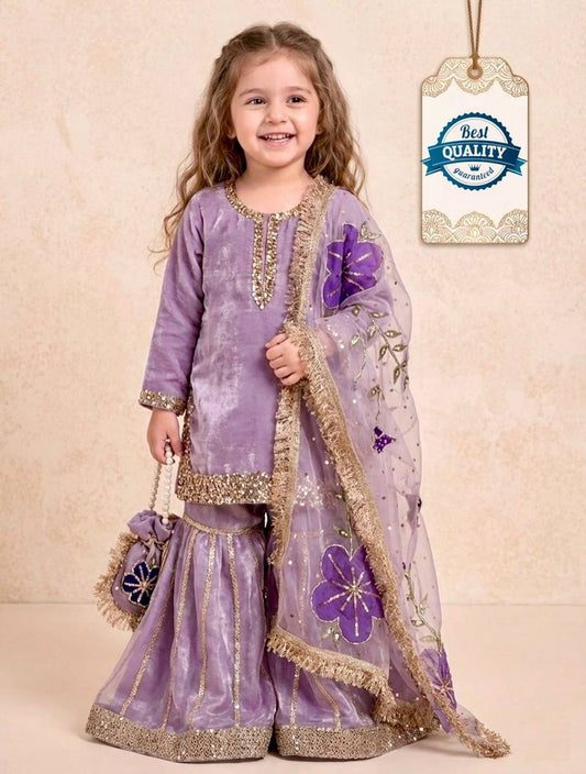 Designer Sequence Embroidered Purple Color Sharara Suit For Girls