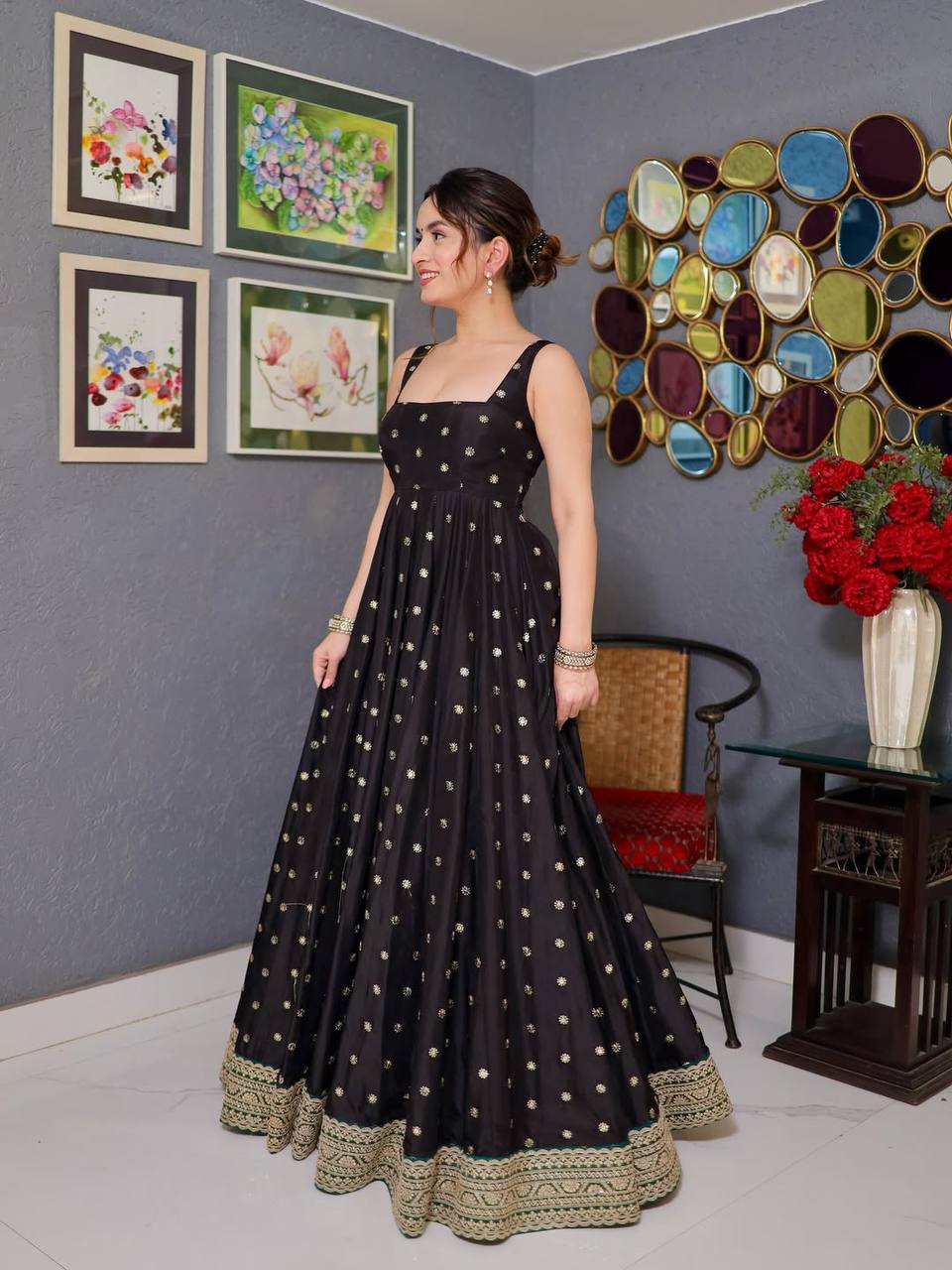 Luxury Designer Black Color Embroidered Anarkali Suit Set