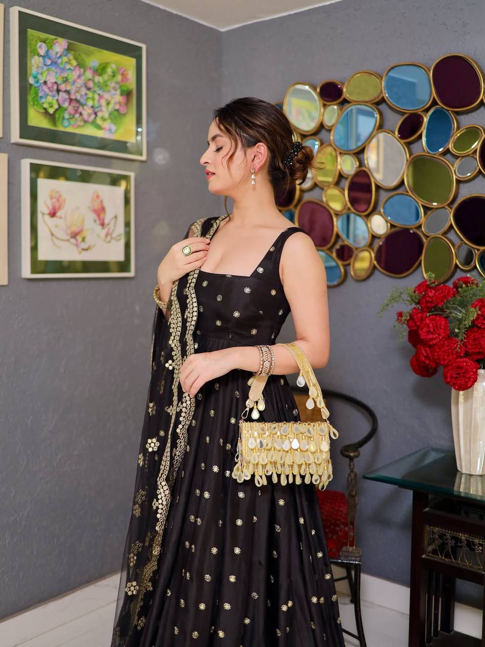 Luxury Designer Black Color Embroidered Anarkali Suit Set