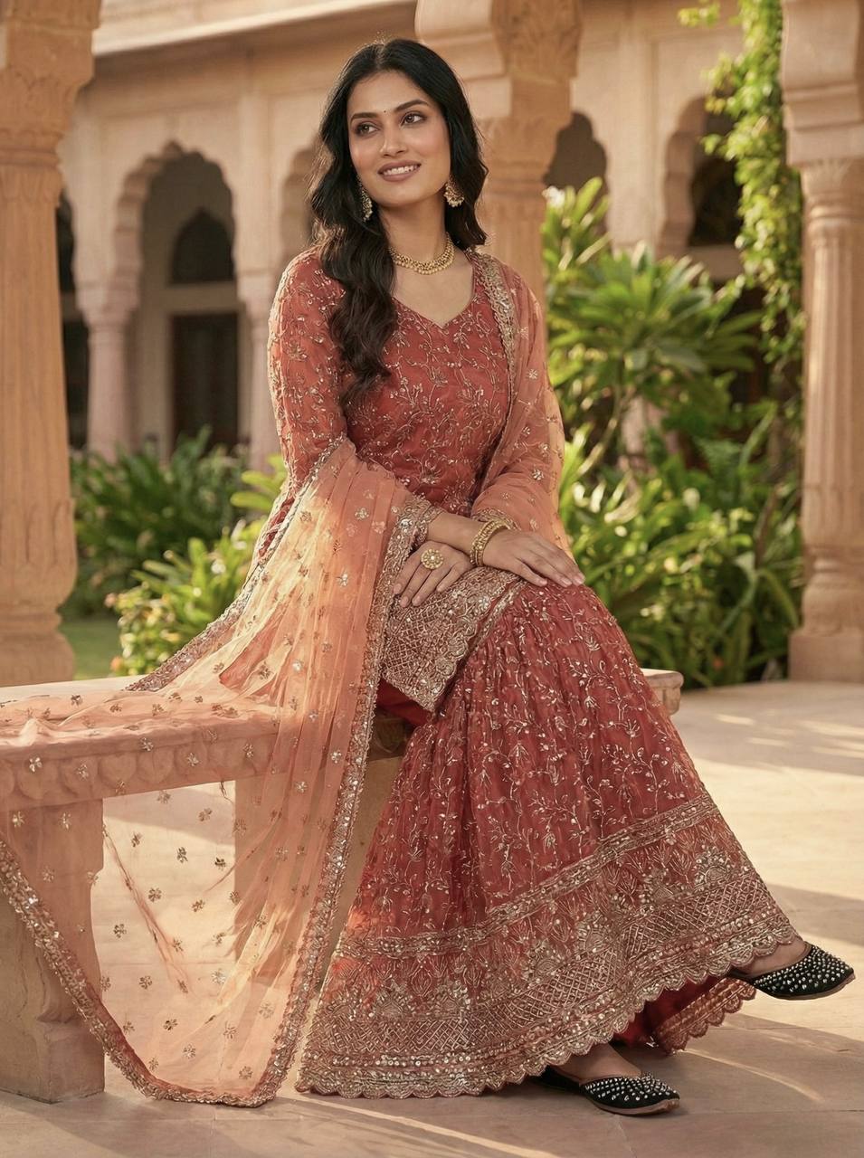 Party Wear Orange Fandy Crush Silk Sharara Palazzo Suit