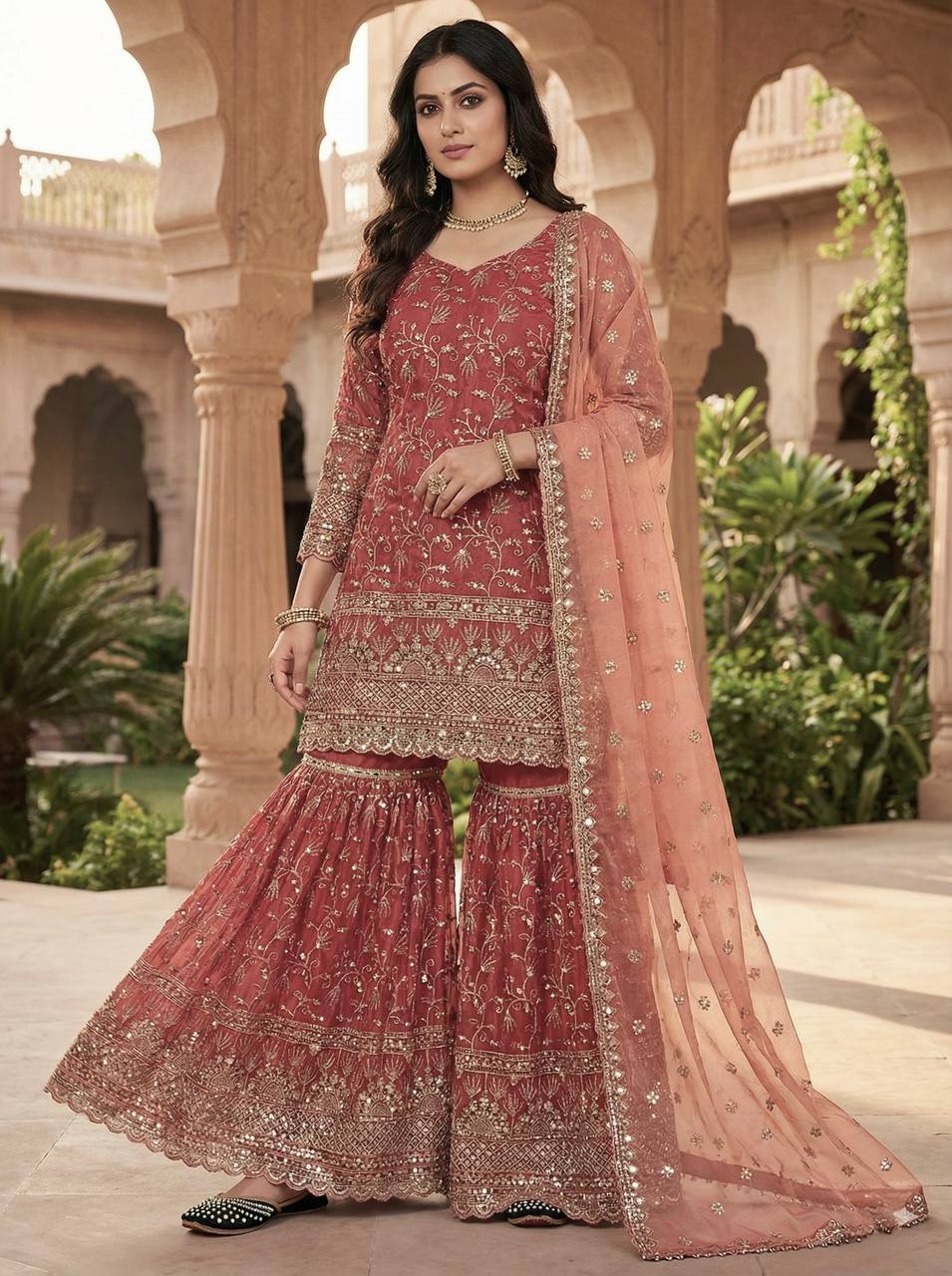 Party Wear Orange Fandy Crush Silk Sharara Palazzo Suit