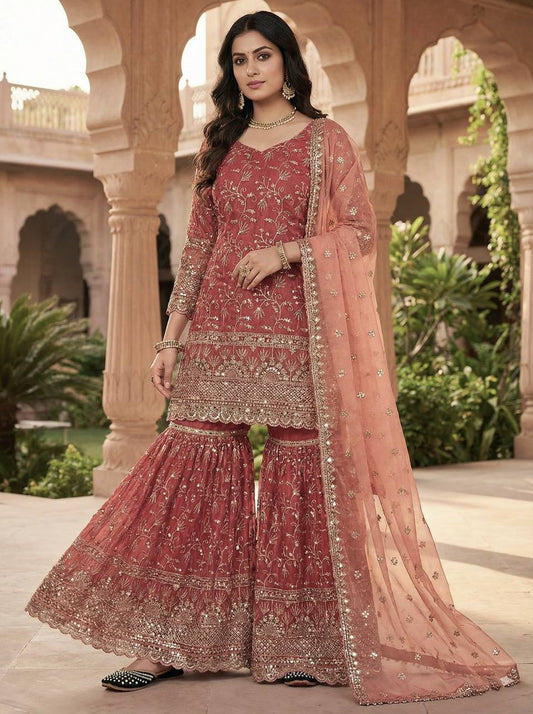 Party Wear Orange Fandy Crush Silk Sharara Palazzo Suit
