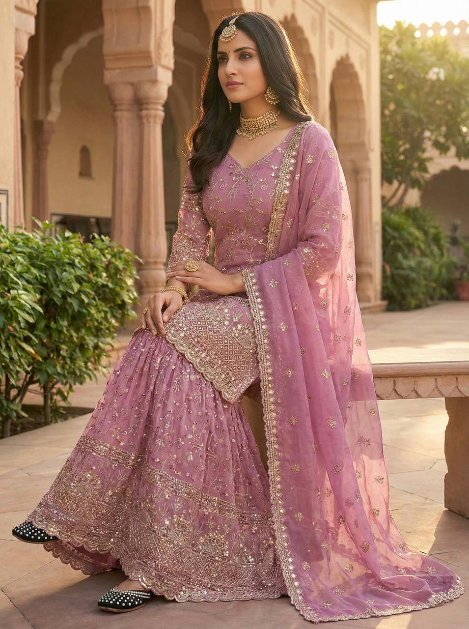 Party Wear Pink Fandy Crush Silk Sharara Palazzo Suit