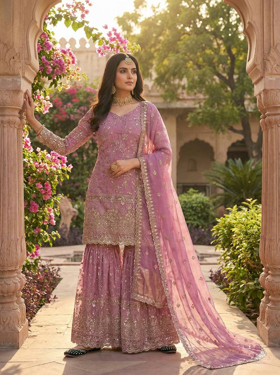 Party Wear Pink Fandy Crush Silk Sharara Palazzo Suit