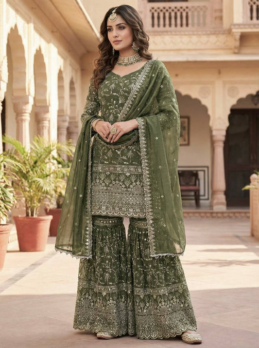 Party Wear Green Fandy Crush Silk Sharara Palazzo Suit