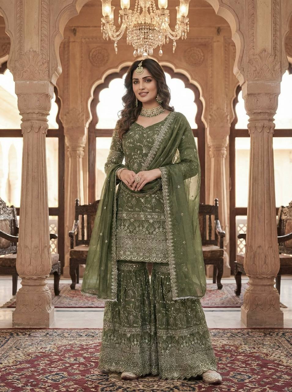 Party Wear Green Fandy Crush Silk Sharara Palazzo Suit