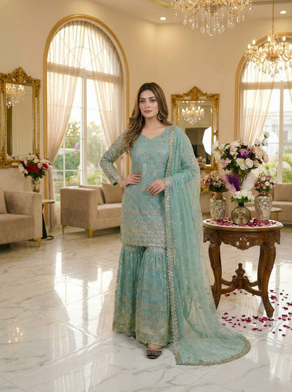 Party Wear Sky Blue Fandy Crush Silk Sharara Palazzo Suit