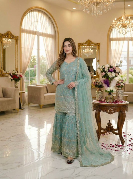 Party Wear Sky Blue Fandy Crush Silk Sharara Palazzo Suit