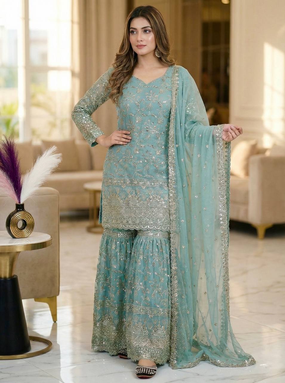 Party Wear Sky Blue Fandy Crush Silk Sharara Palazzo Suit