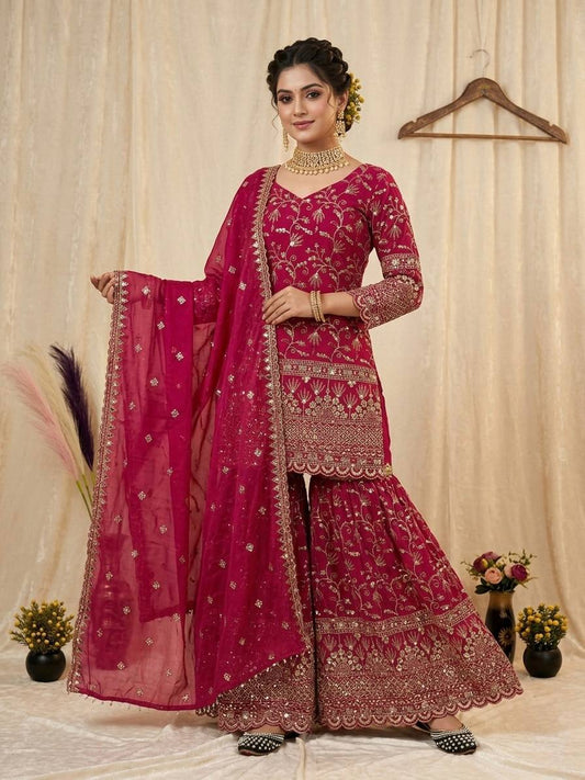 Party Wear Dark Pink Fandy Crush Silk Sharara Palazzo Suit