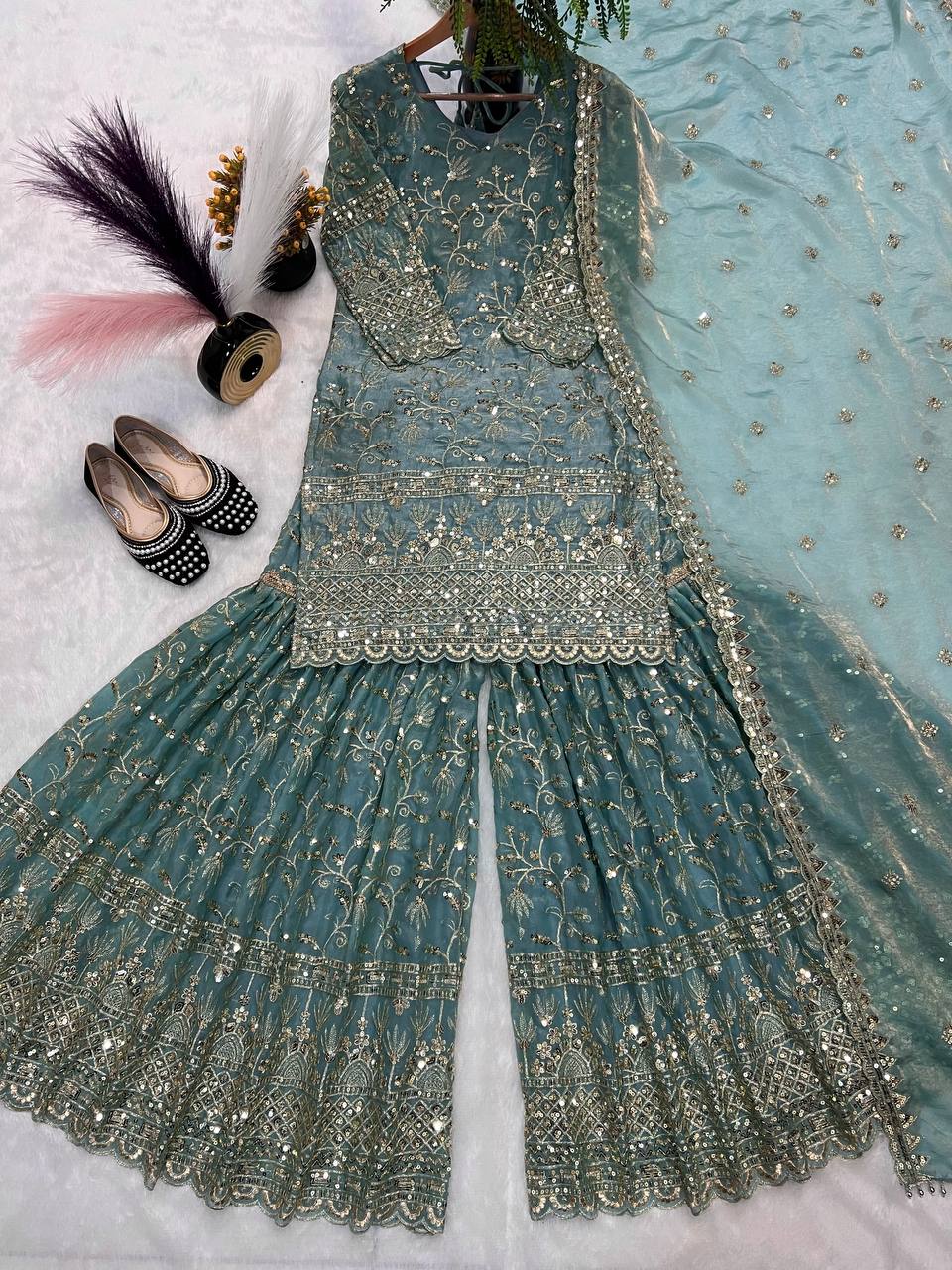 Party Wear Sky Blue Fandy Crush Silk Sharara Palazzo Suit