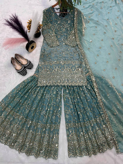 Party Wear Sky Blue Fandy Crush Silk Sharara Palazzo Suit