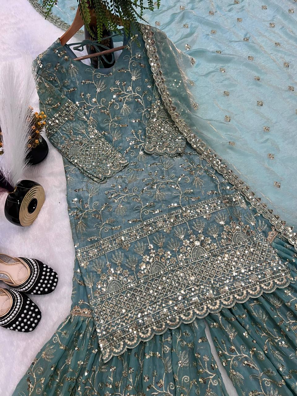 Party Wear Sky Blue Fandy Crush Silk Sharara Palazzo Suit