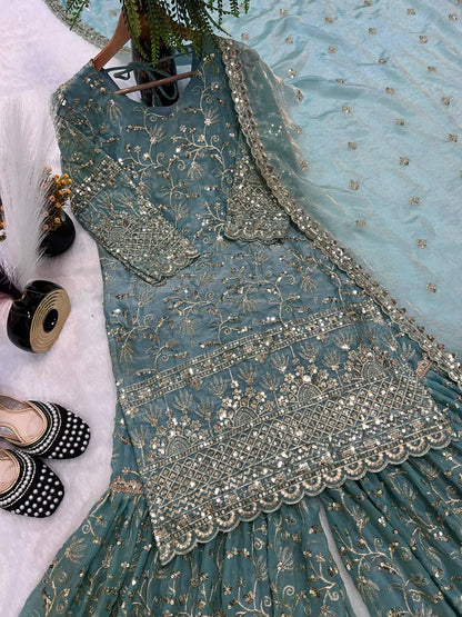 Party Wear Sky Blue Fandy Crush Silk Sharara Palazzo Suit