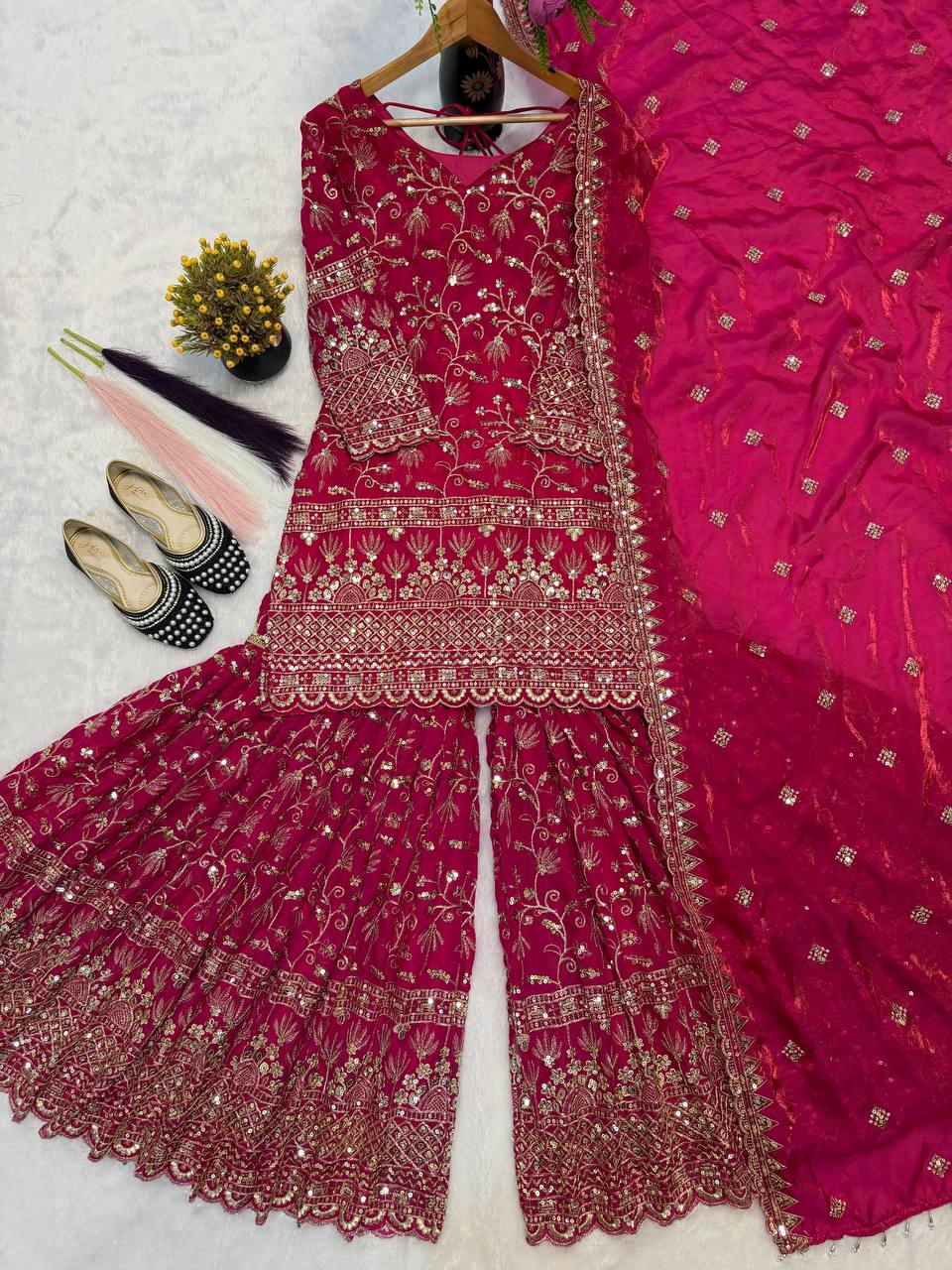 Party Wear Dark Pink Fandy Crush Silk Sharara Palazzo Suit