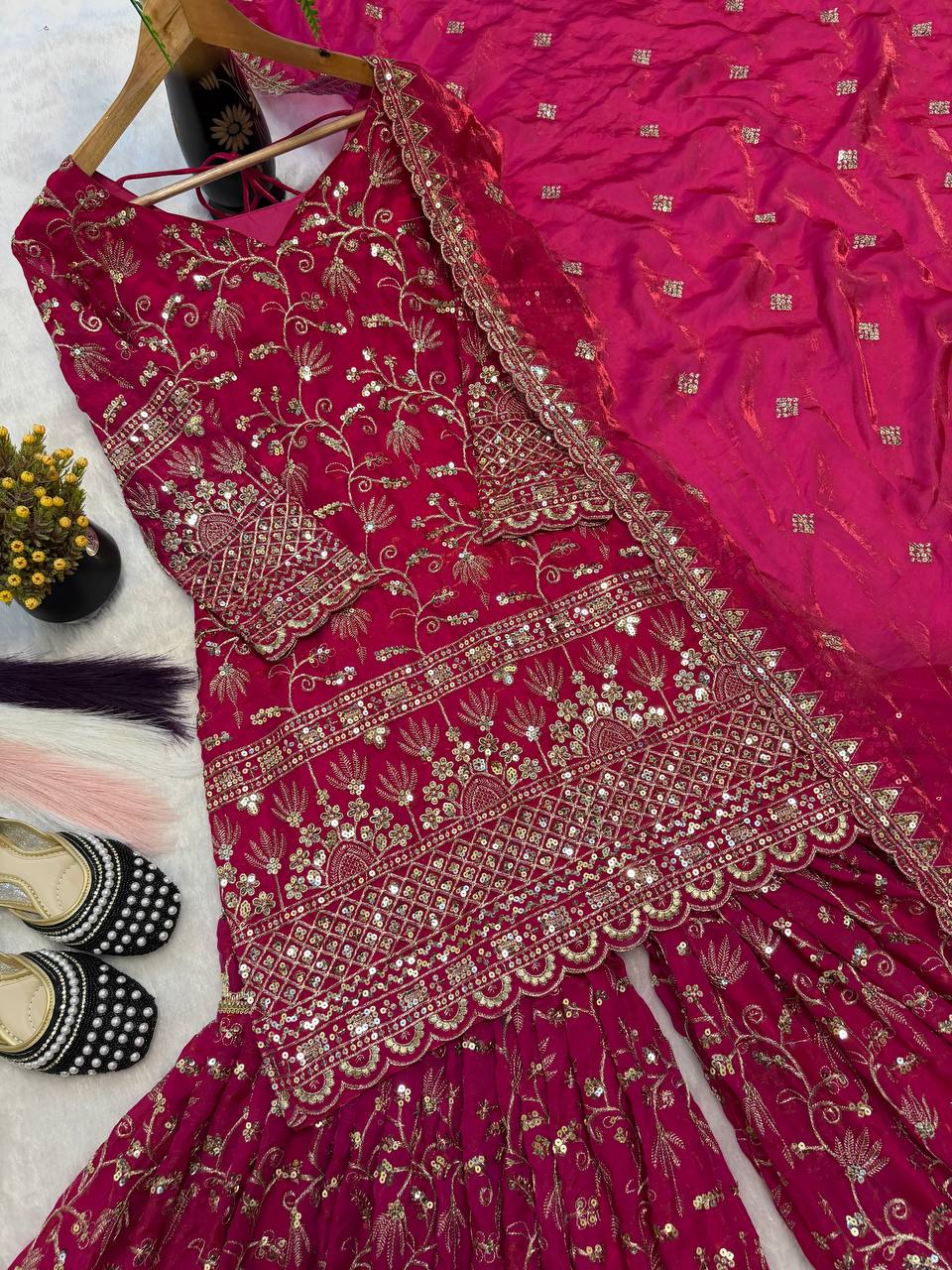 Party Wear Dark Pink Fandy Crush Silk Sharara Palazzo Suit