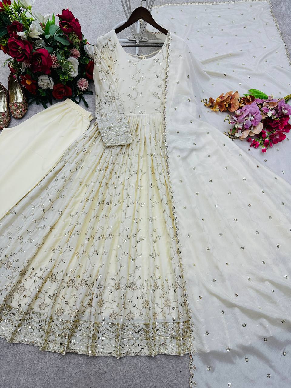 Sangeet Wear Off White Color Sequence Embroidered Anarkali Gown With Dupatta