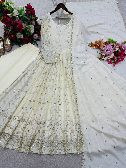 Sangeet Wear Off White Color Sequence Embroidered Anarkali Gown With Dupatta