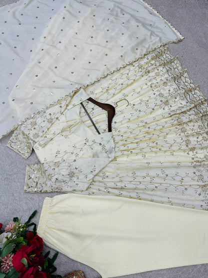 Sangeet Wear Off White Color Sequence Embroidered Anarkali Gown With Dupatta