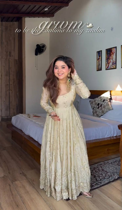 Sangeet Wear Off White Color Sequence Embroidered Anarkali Gown With Dupatta