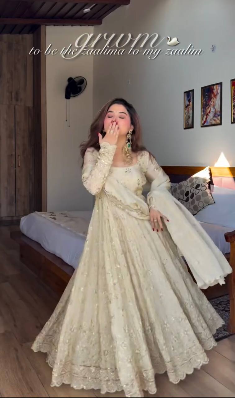 Sangeet Wear Off White Color Sequence Embroidered Anarkali Gown With Dupatta