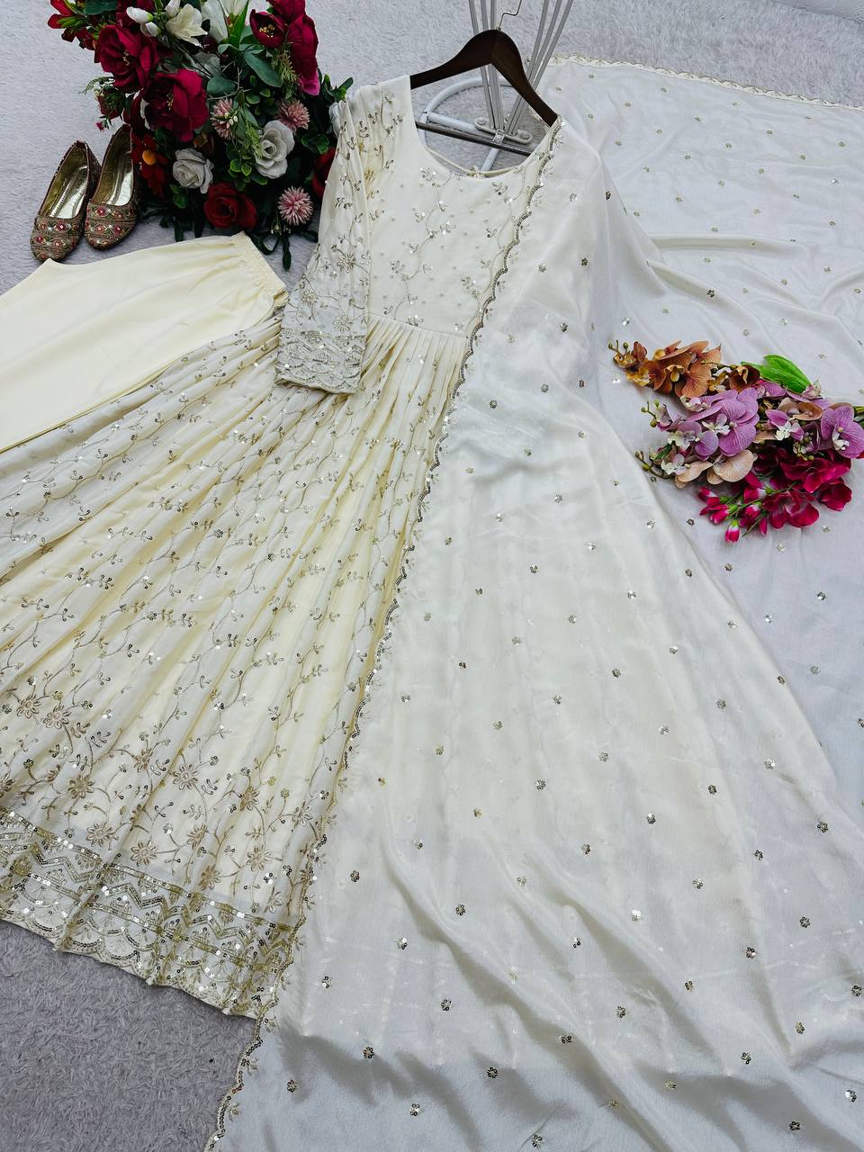 Sangeet Wear Off White Color Sequence Embroidered Anarkali Gown With Dupatta