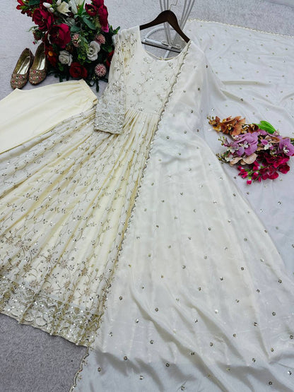 Sangeet Wear Off White Color Sequence Embroidered Anarkali Gown With Dupatta