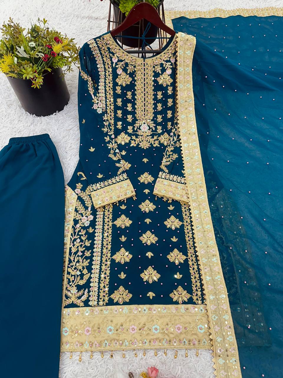 Engagement Wear Teal Green Color Georgette With Embroidery Sequence Work Salwar Suit