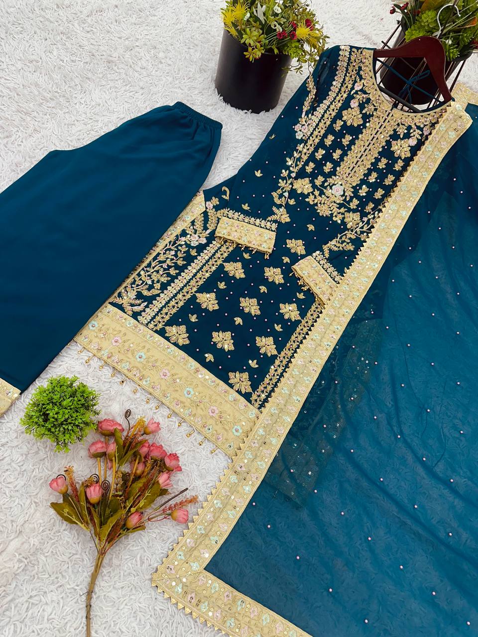 Engagement Wear Teal Green Color Georgette With Embroidery Sequence Work Salwar Suit