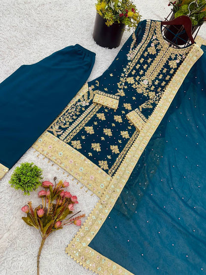 Engagement Wear Teal Green Color Georgette With Embroidery Sequence Work Salwar Suit