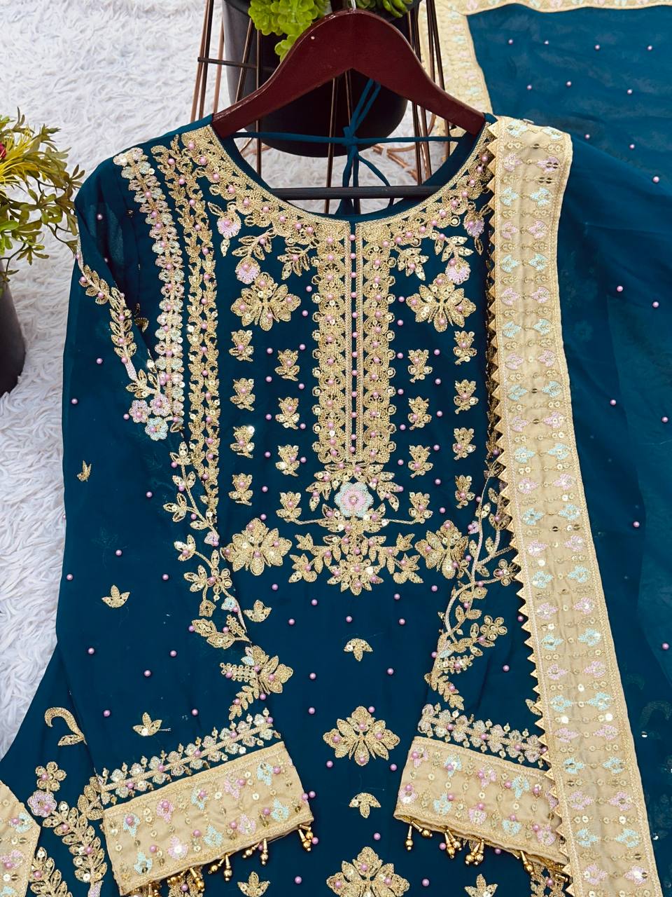 Engagement Wear Teal Green Color Georgette With Embroidery Sequence Work Salwar Suit