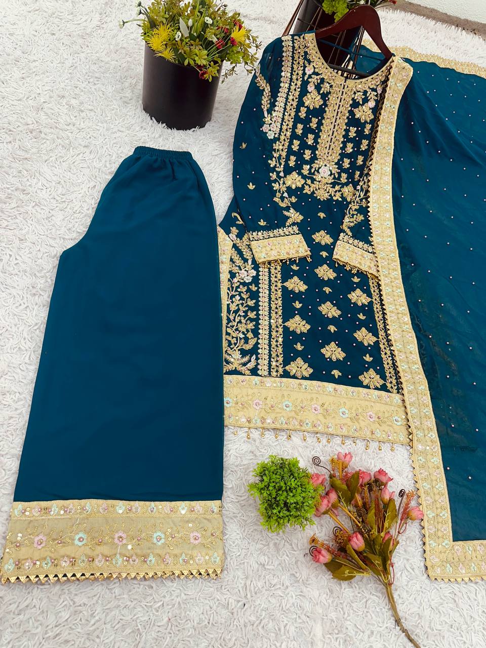Engagement Wear Teal Green Color Georgette With Embroidery Sequence Work Salwar Suit