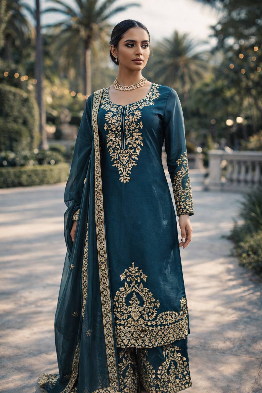 Wedding Wear Teal Color Silk Thread Work Palazzo Suit Set