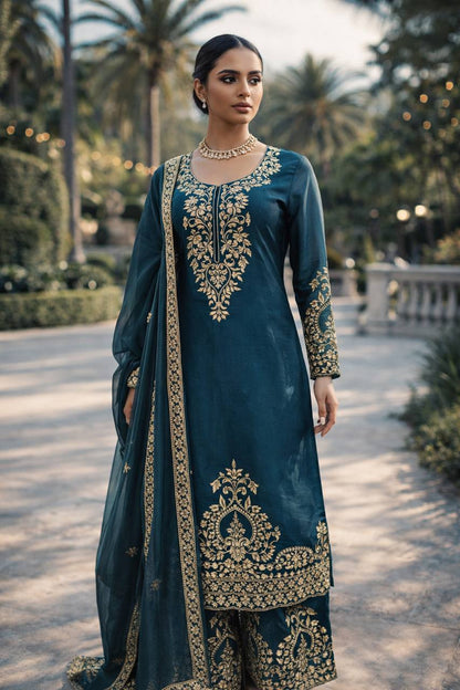 Wedding Wear Teal Color Silk Thread Work Palazzo Suit Set