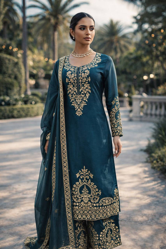 Wedding Wear Teal Color Silk Thread Work Palazzo Suit Set