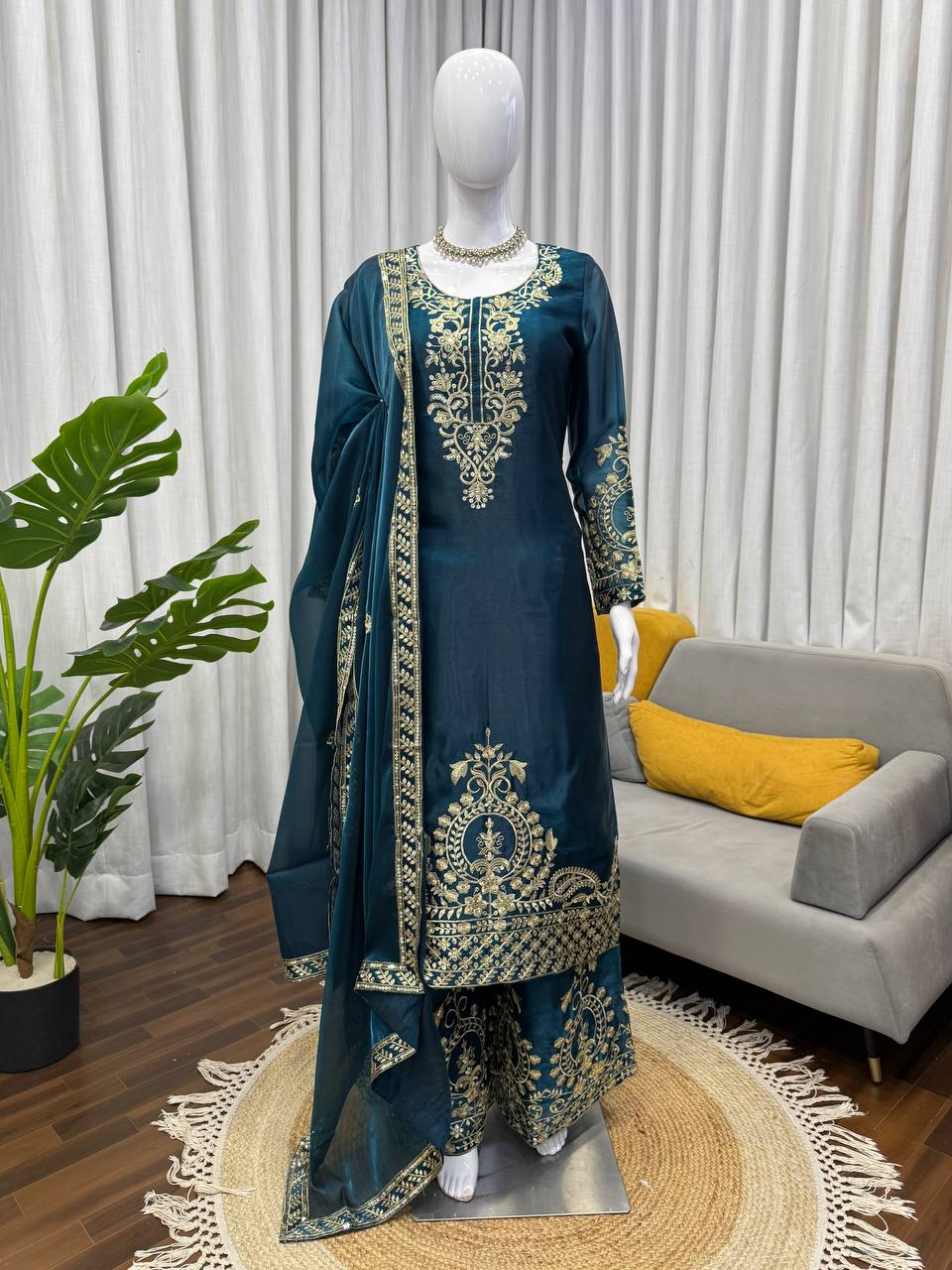 Wedding Wear Teal Color Silk Thread Work Palazzo Suit Set